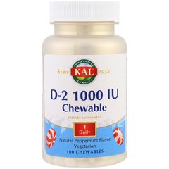 Витамин Д 2, Vitamin D2, Kal, вкус мяты, 1000 МЕ, 100 жевательных пастилок - фото
