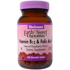 Витамин В12 и фолиевая кислота, вкус малины, Vitamin B-12 & Folic Acid, Bluebonnet Nutrition, 180 жевательных таблеток - фото