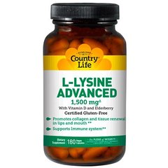 L-лізин Адванс, L-Lysine Advanced, Country Life, 1500 мг, 180 рослинних капсул - фото