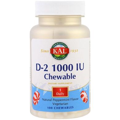Витамин Д 2, Vitamin D2, Kal, вкус мяты, 1000 МЕ, 100 жевательных пастилок - фото