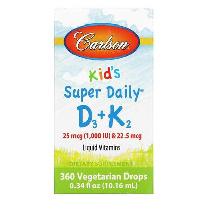 Вітамін D3+K2 для дітей 25 мкг, 1000 МО та 22.5 мкг, Carlson Labs, 10.16 мл - фото