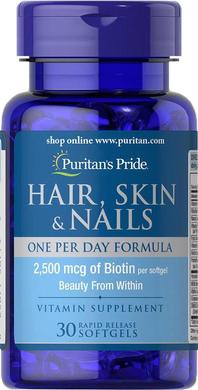 Формула для волос, кожи, ногтей, Hair, Skin & Nails, Puritan's Pride, 1 в день, 30 капсул - фото