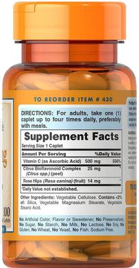 Витамин С с биофлавоноидами, Vitamin C Rose Hips, Puritan's Pride, 500 мг, 100 капсул - фото