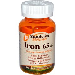 Железо, Iron, Sundown Naturals, 65 мг, 120 таблеток - фото