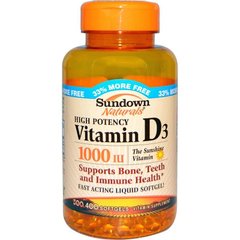 Вітамін Д3, Vitamin D3, Sundown Naturals, 25 мкг (1000 МО), 400 капсул - фото