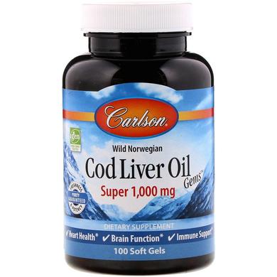 Рыбий жир из печени трески, Cod Liver Oil, Carlson Labs, норвежский, 1000 мг, 100 капсул - фото