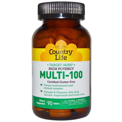 Мультивітаміни, Multi-100, Country Life, високоефективні, 90 таблеток - фото