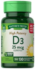 Витамин D3, Vitamin D3, Nature's Truth, 1000 МЕ, 130 гелевых капсул - фото