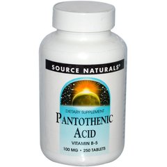 Пантотеновая кислота, Pantothenic Acid, Source Naturals, 100 мг, 250 таблеток - фото