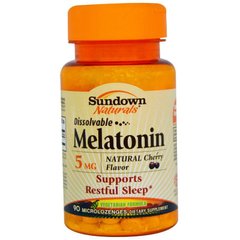 Мелатонін, розчинний, 5 мг, Sundown Naturals, 90 мікропастілок - фото