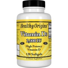 Вітамін D3, 2, 000 МО, Healthy Origins, 120 гелевих капсул - фото