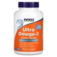 Ультра Омега-3, 500 EPA / 250 DHA, Ultra Omega-3, Now Foods, 180 рибних желатинових капсул - фото