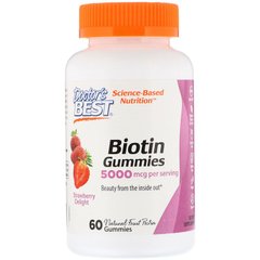Биотин, Biotin Gummies, Doctor's Best, 5000 мкг, вкус клубники, 60 желейных конфет - фото