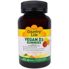 Витамин Д3, Vegan D3, Country Life, лимон, клубника и апельсин, 1000 МЕ, 60 жеват. конфет - фото