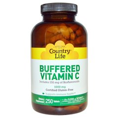Витамин С, Vitamin C, Country Life, буферизованный, 1000 мг, 250 таблеток - фото