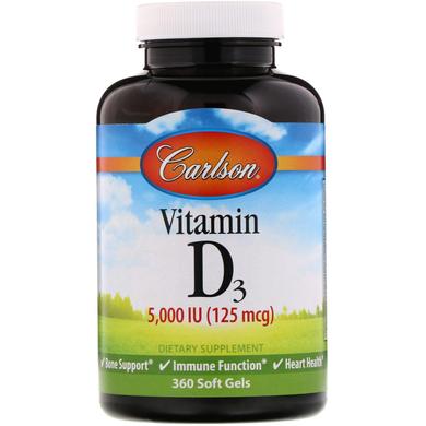 Витамин Д-3, Vitamin D3, Carlson Labs, 5000 МЕ, 360 гелевых капсул - фото