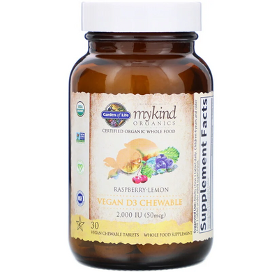 Вітамін Д-3 для веганів, Vitamin D3, Garden of Life, органік, малина-лимон, 2000 МО, 30 жувальних конфет - фото