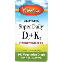 Витамин D3 и витамин К2 жидкость, 50 мкг, 2000 МЕ и 45 мкг, 10, Carlson Labs, 16 мл - фото