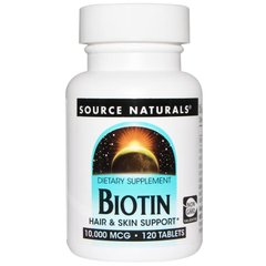 Біотин, Biotin, Source Naturals, 10000 мкг, 120 таблеток - фото