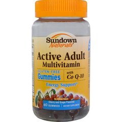 Мультивітаміни і Co Q-10, смак вишень і винограду, Multivitamin with Co Q-10, Sundown Naturals, для дорослих, 60 жувальних цукерок - фото