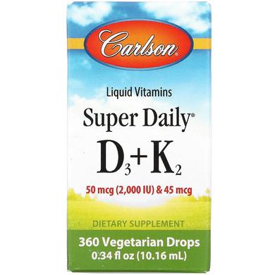 Вітамін D3 і вітамін К2 рідина, 50 мкг, 2000 МО і 45 мкг, 10, Carlson Labs, 16 мл - фото