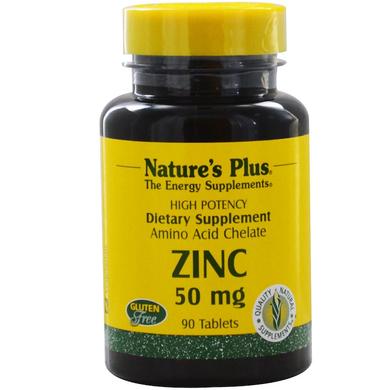 Цинк в таблетках, Zinc, Nature's Plus, 50 мг, 90 таблеток - фото
