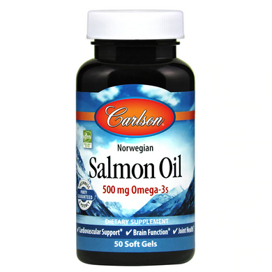 Масло лосося, Salmon Oil, Carlson Labs, норвезьке, 500 мг, 50 капсул - фото