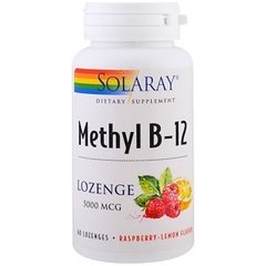 Витамин В-12, метилкобаламин, Methyl B-12, Solaray, малина-лимон, 5000 мкг, 60 леденцов - фото