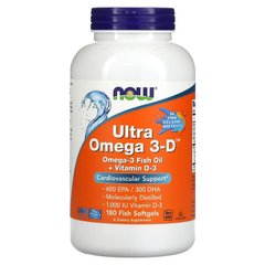 Омега 3-Д Ультра, Omega 3-D, 600 EPA/300 DHA Now Foods, 180 гелевых капсул - фото