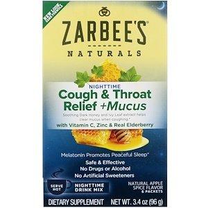 Средство от кашля и боли в горле, Cough & Throat Relief, Zarbee's, ночной напиток с яблочным вкусом, 6 пакетов по 16 г - фото