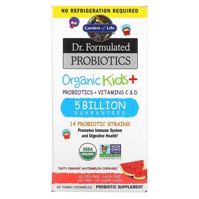 Пробиотики + витамины для детей, Probiotics + Vitamins C & D, Garden of Life, Dr. Formulated Brain Health, 5 млрд, органик, вкус арбуза, 30 жевательных таблеток - фото