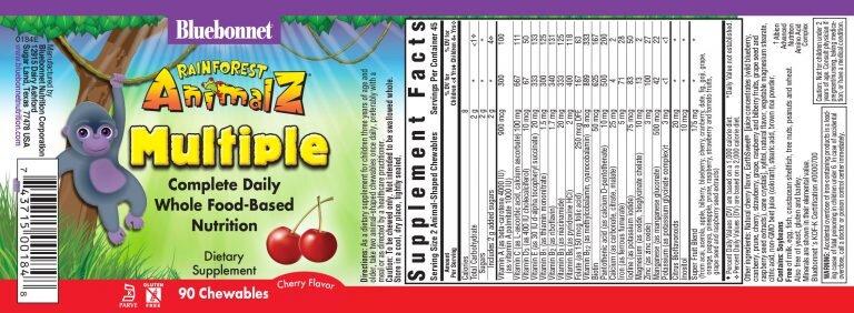 Мультивитамины для детей, Rainforest Animalz, Bluebonnet Nutrition, вкус вишни, 90 жевательных таблеток - фото