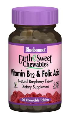Витамин В12 и Фолиевая кислота ,Earth Sweet Chewables, Bluebonnet Nutrition, вкус малины, 90 жевательных таблеток - фото