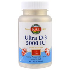 Вітамін Д3, смак м'яти з ксилітом, Ultra D-3, Kal, 5000 МО, 60 шт. - фото