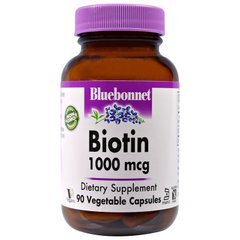 Біотин, Biotin, Bluebonnet Nutrition, 1000 мкг, 90 капсул - фото