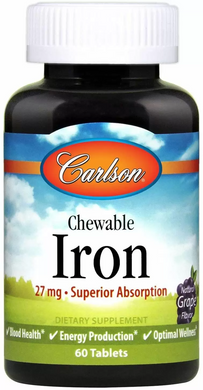 Залізо, Chewable Iron, Carlson Labs, виноградний смак, 30 мг, 60 таблеток - фото