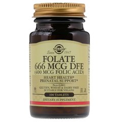 Фолат, Folate as Folic acid, Solgar, в виде фолиевой кислоты, 666 мкг (400 мкг), 100 таблеток - фото