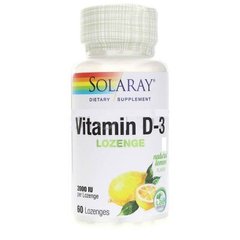 Вітамін D-3, Vitamin D-3, Solaray, 2000 МО, смак лимону, 60 льодяників - фото