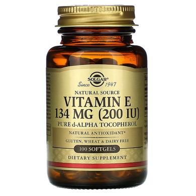 Вітамін Е, Vitamin E, Solgar, чистий токоферол, 200 МО, 100 капсул - фото