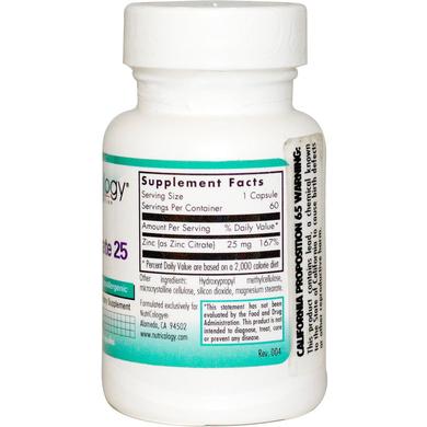 Цинк Цитрат, Zinc Citrate, Nutricology, 25 мг, 60 капсул - фото