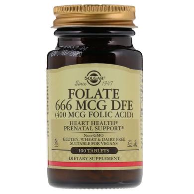 Фолат, Folate as Folic acid, Solgar, у вигляді фолієвої кислоти, 666 мкг (400 мкг), 100 таблето - фото