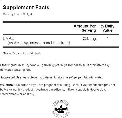 DMAE (Диметиламиноэтанол), Swanson, 250 мг, 30 гелевых капсул - фото