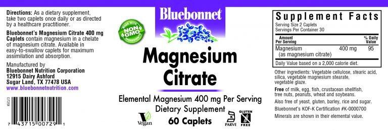 Магний цитрат, Magnesium Citrate, 400 мг, Bluebonnet Nutrition, 60 капсул - фото