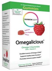 Риб'ячий жир для дітей, Omega-3 Gummies, Rainbow Light, малина, 30 пакетів по 4 шт. - фото
