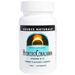 Витамин В-12 (гидроксикобаламин), HydroxoCobalamin, Source Naturals, вкус вишни, 1 мг, 120 таблеток для рассасывания - фото