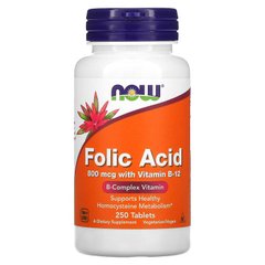 Фолієва кислота і В12, Folic Acid Vitamin B-12, Now Foods, 800 мкг, 250 таблеток - фото