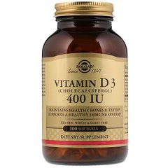 Вітамін Д3, Vitamin D3, Solgar, 400 МО, 100 гелевих капсул - фото