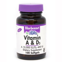 Вітамін А і D3, Bluebonnet Nutrition, 10 000 МО/400 МО, 100 желатинових капсул - фото