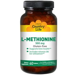 L метіонін, L-Methionine, Country Life, 500 мг, 60 таблеток - фото