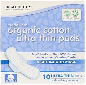 Гигиенические прокладки, Ultra Thin Pads, Dr. Mercola, органические, тонкие, хлопковые с крылышками, 10 прокладок - фото